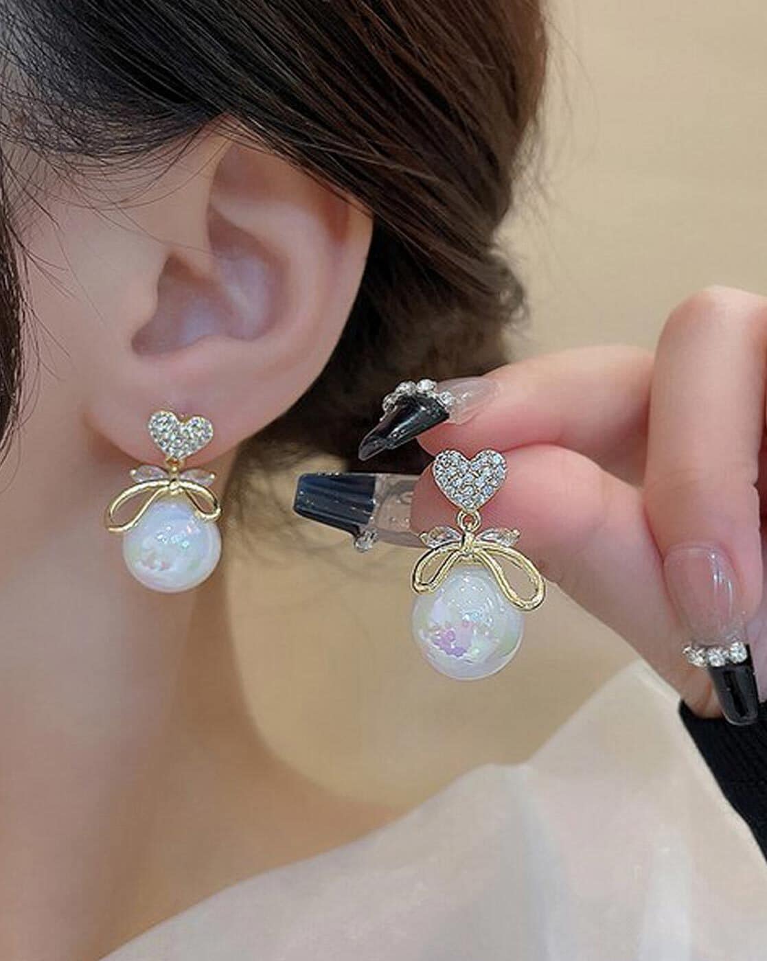 Heart Bowknot Pearl Earrings