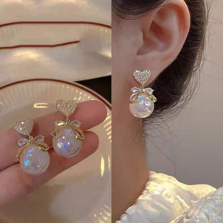 Heart Bowknot Pearl Earrings
