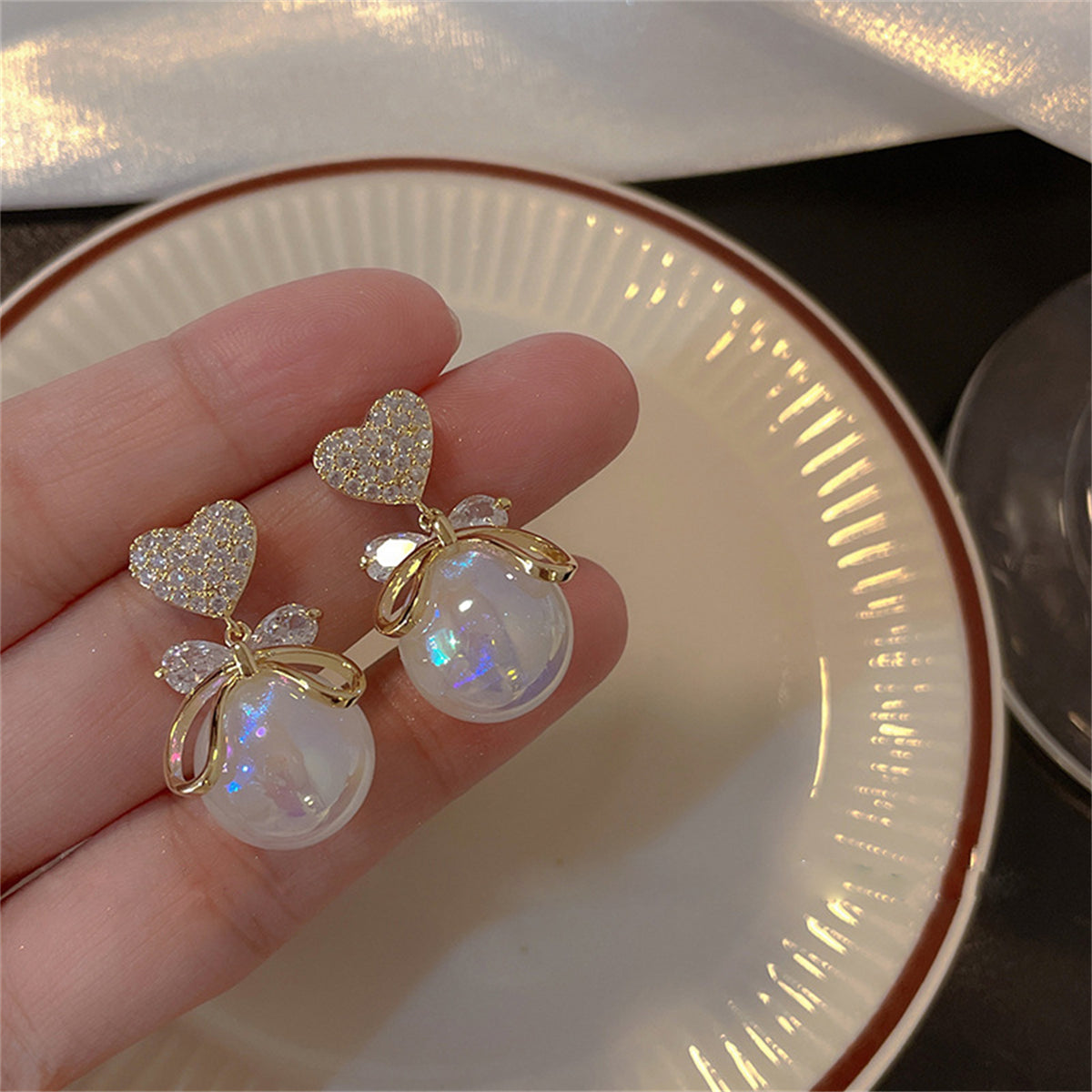 Heart Bowknot Pearl Earrings